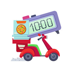 Sticker - Scooter with big clock vector illustration. Express pizza delivery element isolated on white background. Food delivery concept