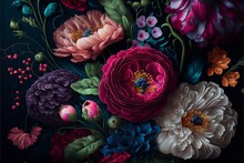 Hand Painted Flowers As A Lush Pattern Oil Painted Photo. Generative Ai