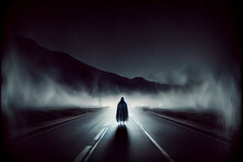 The Ghost Appeared In The Middle Of The Road At Night. Horrors, Nightmares, Driving Safety