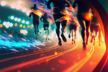  a group of people running on a track with bright lights in the background and blurry image of people running on a track with bright lights in the background.  generative ai