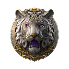 A Silver And Gold Metal Tiger Head Metal Emblem. 3D Style Tiger Metal Badge. Coat Of Arms Tiger Head. Tiger Head Metal Insignia. Animal Badge. Tiger Head Metal Symbol. Medallion.