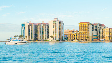 Wall Mural - Panorama of city Clearwater Beach FL. Summer vacations in Florida. Beautiful View on Hotels and Resorts on Island. Blue color of ocean water. American Coast or shore Gulf of Mexico. Copy space