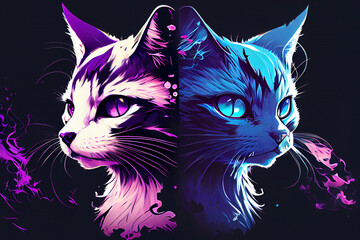Naklejka na meble Cats in blue purple colors, generative ai in flat cartoon style
