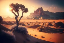  A Desert Landscape With A Lone Tree In The Middle Of The Desert, With Mountains In The Background, And A Sunset In The Distance.  Generative Ai