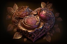  A Heart Shaped Box With Roses Inside Of It On A Black Background With Leaves And Leaves Around It, With A Gold Border Around The Edges.  Generative Ai