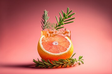  a grapefruit cut in half with a sprig of rosemary on top of it in a glass vase on a pink background.  generative ai