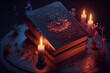 Old witch book with empty pages, lavender flowers, pentagram and witchcraft objects.Open old book with magic spells, runes, black candles on witch table. Occult, esoteric, divination and wicca concept