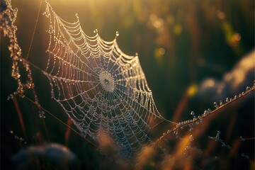  a spider web covered in water drops in the sun light, with the sun shining through the dew drops on the spiderwefeck.  generative ai