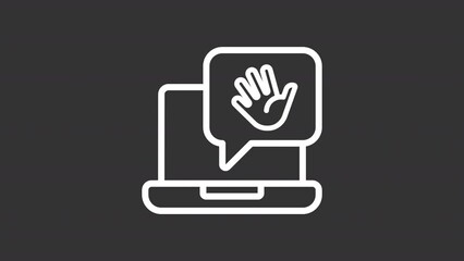 Poster - Animated pc chat white line icon. Chat bubble with hello emoji. Loop HD video with chroma key, alpha channel on transparent background, black solid background. Outline motion graphic animation
