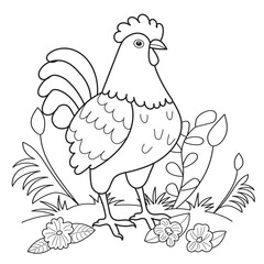 Wall Mural - rooster on grass for childrens coloring book, vector