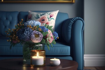  a blue couch with a vase of flowers and two candles on a coffee table in front of a blue couch with a floral pillow on it.  generative ai