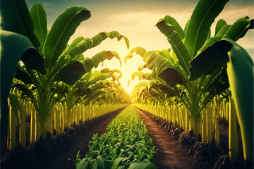 Banana plantation Organic Crop. Beautiful agricultural background. Banana plantation Organic Crop. Rural landscape banana palm field. generative AI
