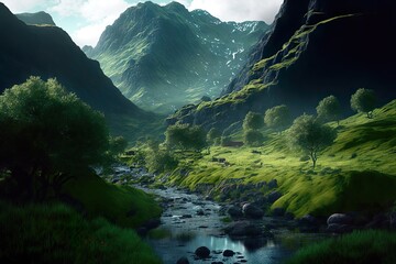 Green landscape, Mountains, AI, Created with AI, Generative AI