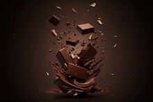  A Pile Of Chocolate Cubes Flying Through The Air With A Splash Of Chocolate On Top Of Them On A Dark Background With A Splash Of Chocolate.  Generative Ai