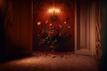  A Vase Filled With Red Roses Sitting On Top Of A Wooden Floor Next To An Open Door With A Light On It And A Chandelier Above It.  Generative Ai