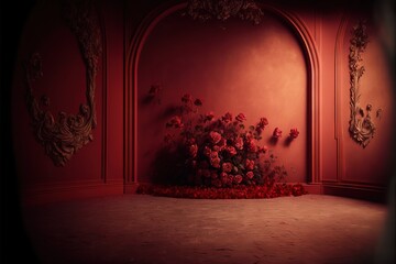 Wall Mural -  a red room with a bunch of flowers on the floor and a red wall with a mirror behind it and a red wall with a bunch of flowers on the wall.  generative ai