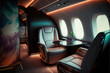 Interior of an empty luxury charter airplane interior with leather seats, windows, LED ambient lights, reflective table, flight during daytime, generative AI