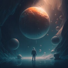 Wall Mural - Astronaut in space, planets floating in the distance- paint artwork