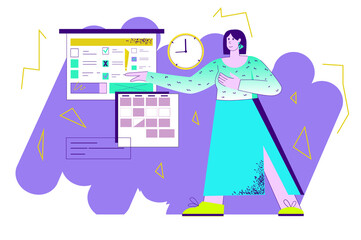 Daily planner violet concept with people scene in the flat cartoon style. Woman writes down her daily routine in a table