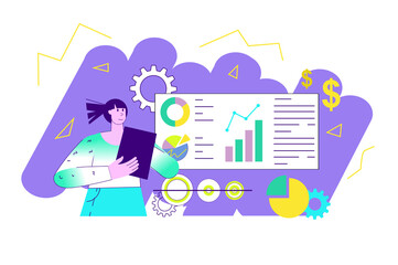 Aufkleber - Violet concept Business analysis with people scene in the flat cartoon design. Manager analyzes the company's performance data using a chart