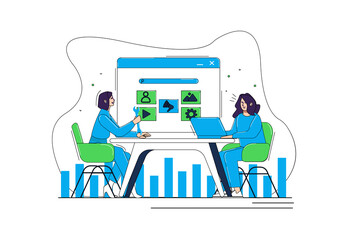 Aufkleber - Marketing blue and green concept with people scene in the flat cartoon style. Two women are working in the office on the promotion of a new product