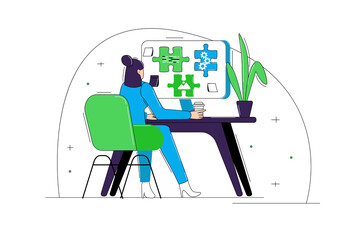 Aufkleber - UI UX programming blue and green concept with people scene in the flat cartoon design. Designer develops a concept of a new site
