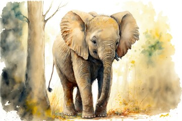 Canvas Print - Cute baby elephant is walking in forest. Watercolor painting of cute calf wild animals. Generative AI