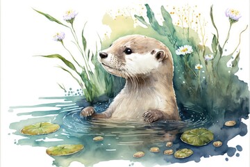 Cute otter is playing in lake. Watercolor painting of cute otter wild animals. Generative AI