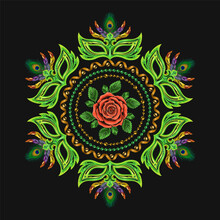 Round Green Pattern Like Mandala For Carnival. Masquerade Mask, Colorful Feathers, Peacock Feather, Spiral Ribbons, Streamers, Beads, Rose. For Prints, Clothing, Back Of T Shirt, Plate, Surface Design