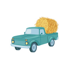 Wall Mural - Blue car with haystack vector illustration. Cartoon drawing of farm harvest truck on white background. Farming, autumn, harvest, Thanksgiving concept