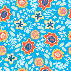 Wall Mural - Vector pattern with abstract flowers on blue backgroud