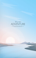 Wall Mural - sunset on the lake. a gentle river bank and silhouettes of mountains in the distance. morning twilig