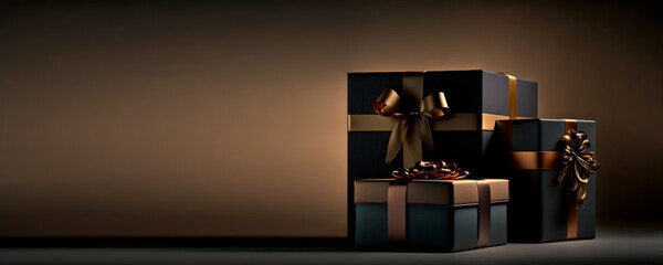 elegant black and gold gift packages banner background, generative ai