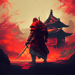 Abstract Samurai with Katana in his hand , battling the evil