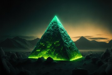 Wall Mural - Landscape with green crystal pyramid and mountains in the background. Generative AI