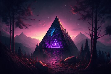 Canvas Print - Landscape with purple crystal pyramid and mountains in the background. Generative AI