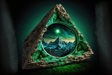 Wall Mural - Triangle shaped green crystal mystical portal, fantasy concept. Generative AI