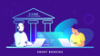 Smart banking with artificial intelligence. Gradient vector illustration of ai robot sitting with feamale bank client and credit card and bank icon behind. AI data science and machine learning