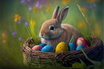 Poster - Rabbit inside the basket with easter eggs, easter holiday. Generative AI