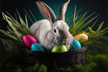 Poster - Rabbit inside the basket with easter eggs, easter holiday. Generative AI