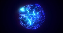 A Round Blue Planet With A Molten Core In The Center In Space, A Star Sphere With An Energy Magical Luminous Field From Plasma. Abstract Background