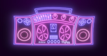 Wall Mural - Neon retro tape recorder for listening to songs old vintage hipster luminous blue-purple