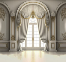 AI Generative Large White Room, Large Window, Ornate  Interior Background, Digital Background, 