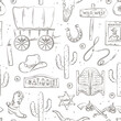 Wild West seamless pattern. Vector hand drawn background of western Texas with hat, cactus, wanted poster, sheriff badge, cow skull, horseshoe. Collection for fabric, print, illustration, web design