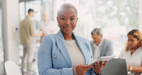 Poster - Face, leadership and black woman with tablet in meeting for advertising or marketing strategy. Boss, ceo and female entrepreneur with touchscreen for research, email or internet browsing in workplace