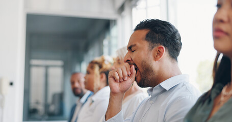 Aufkleber - Tired, yawn and sleepless with a business man sitting in a meeting or presentation with his team for development. Yawning, exhausted and bored with a male employee suffering from insomnia at work