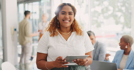 Poster - Tablet, research and vision with a business black woman at work in her office for innovation development. Portrait, mission and planning with female employee working on technology to search online