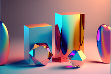 Colorful Abstract Geometric 3d Shapes, Holographic Gradient Futuristic Background. Generative AI.