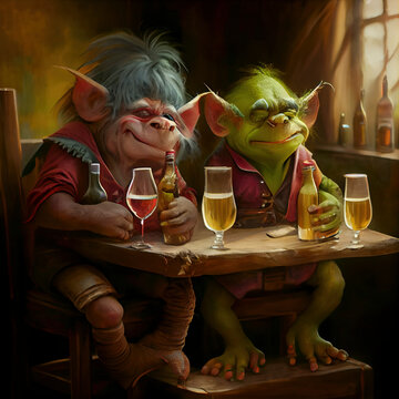 troll, trolle, norwegen, smile, trolls drinking wine in an imaginary pub or tabern