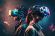 © Rieth - Illustration of people using VR headset - Futuristic background - Created with generative ai